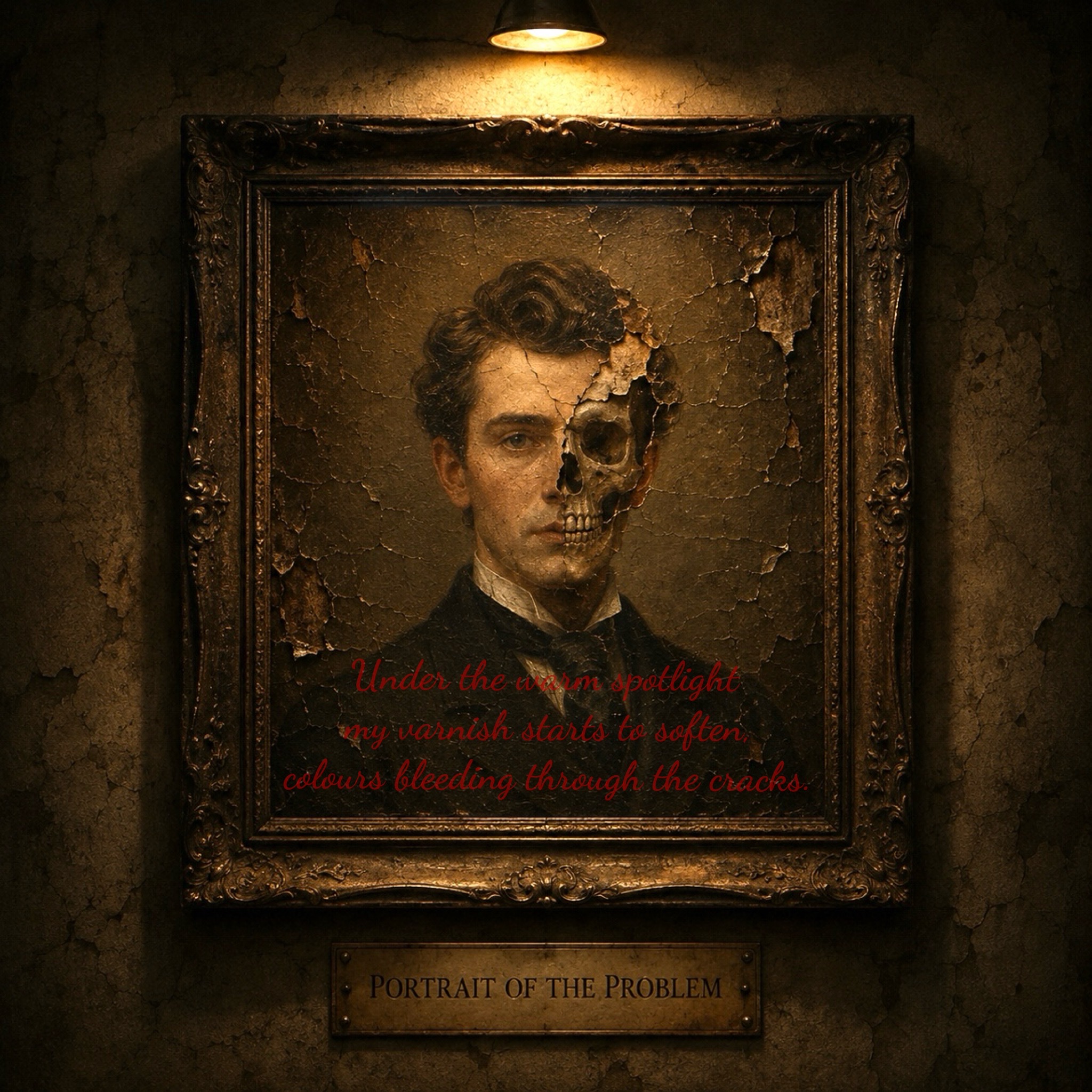 Old 19th century painted head and shoulders framed portrait of a young man wearing a suit. A small chuck of the youngmans face has peeled off revealing apart of his skeleton face. Portrait Of The Problem Poem By Callum Ashworth.