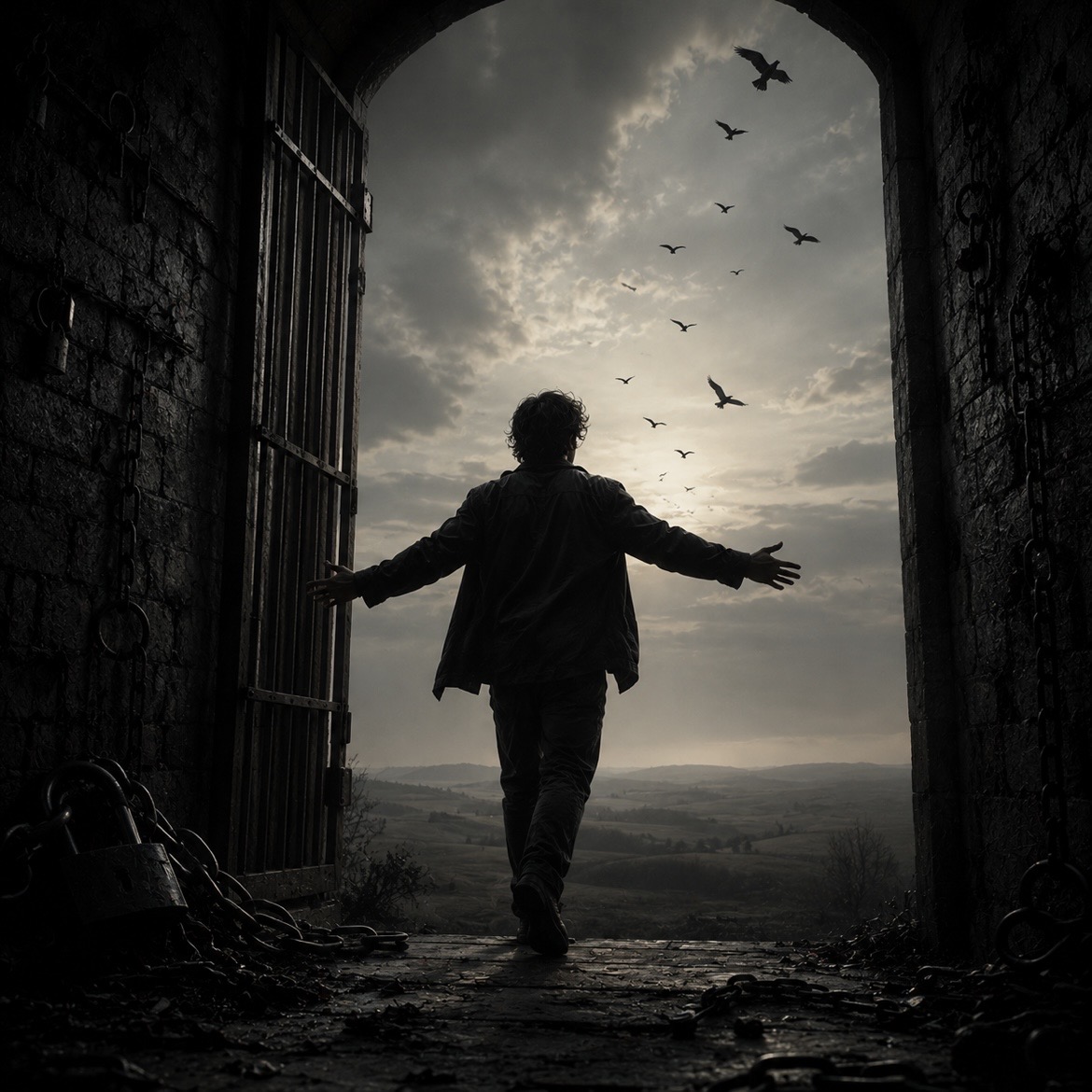 Without Reason Poem by Callum Ashworth. A man in an arch way with his arms open towards the sky filled with birds.